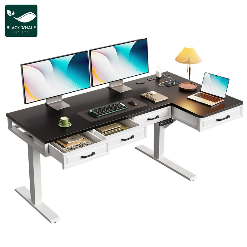 L-shaped electric height-adjustable office desk, exclusively for cross-border sales, panel furniture supply, factory wholesale, computer desk with drawers