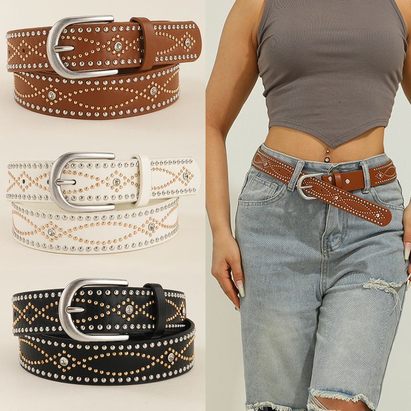 Bohemian Retro Studded Rhinestone Heavy-Duty Y2K Spicy Girl Punk Curved Full-Length Belt Wide Waist Cincher