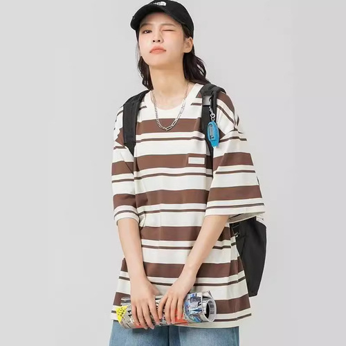Summer Petite Vintage Crew Neck Five-Button Short-Sleeve T-Shirt for Women with Hong Kong Style Loose Casual Striped Top