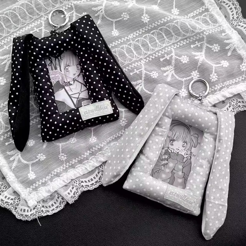 Korean-Style Polka Dot Rabbit Ear Card Holder, High Aesthetic Value, 3inch Small Card Storage Bag Pendant, Ins-Style Fabric Id Card Protector