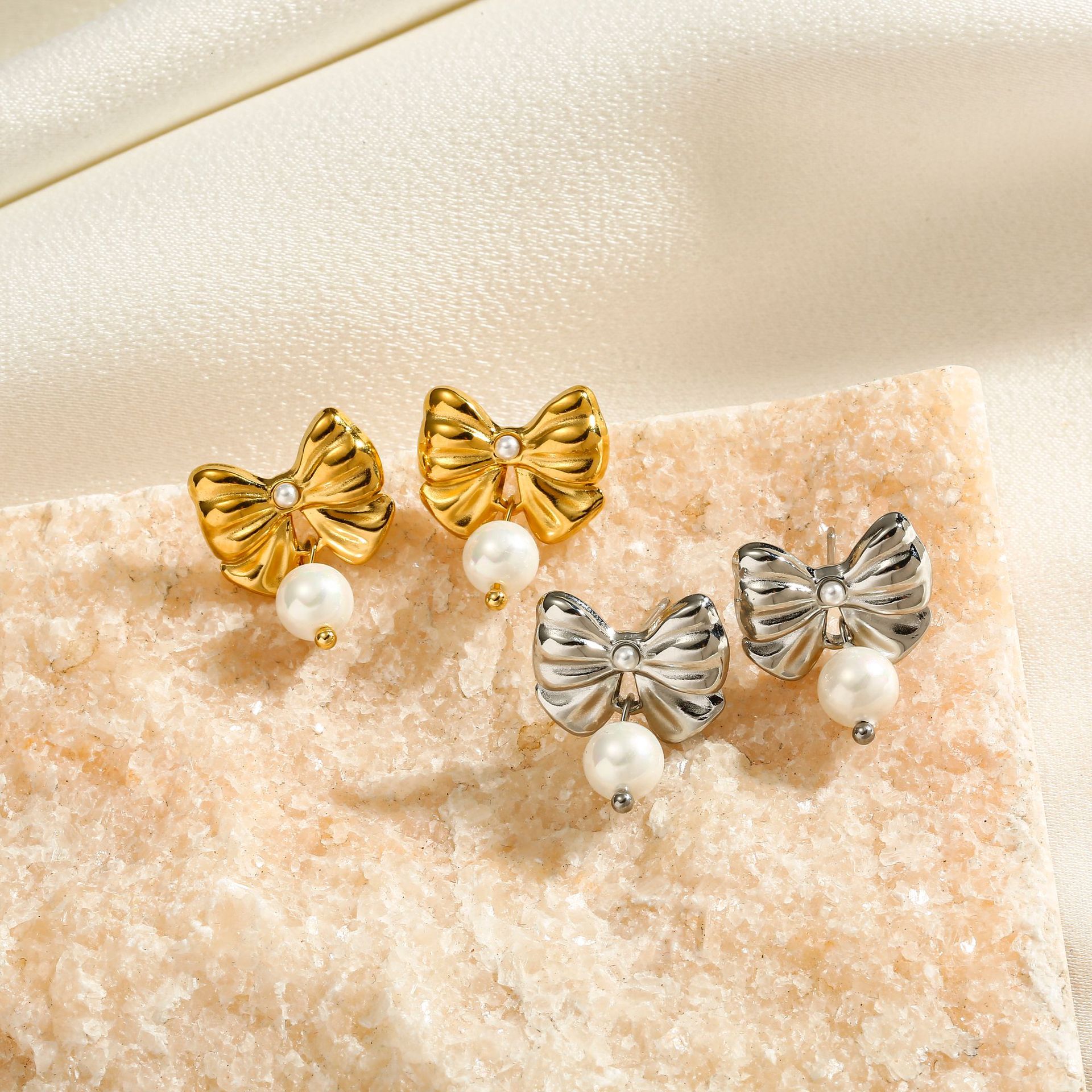 Titanium Steel Material 1 Pair Ig Style Sweet Bow Knot Plating Inlay Titanium Steel Pearl Earrings