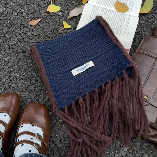 Korean Color Block Knit Scarf Long Wool Fringe Neck Scarf Women Autumn Winter Thick Warm Atmospheric Shawl Trendy
