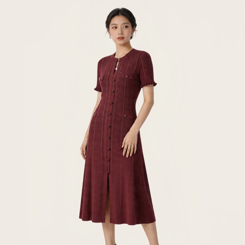 Cross-Border European and American Style New Long Luxury Knit Coat with Ruffled Edges, First Love Hollow-Out Long Dress