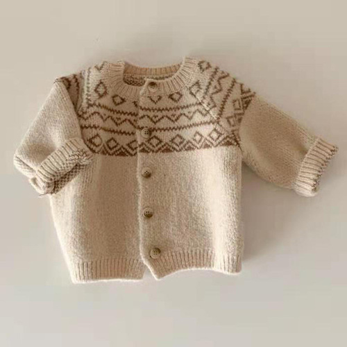 2025 Korean Version Instagram Baby and Toddler Apparel Sweater Jacket Spring and Autumn Forest System Retro Pattern Crew Neck Casual Knit Top