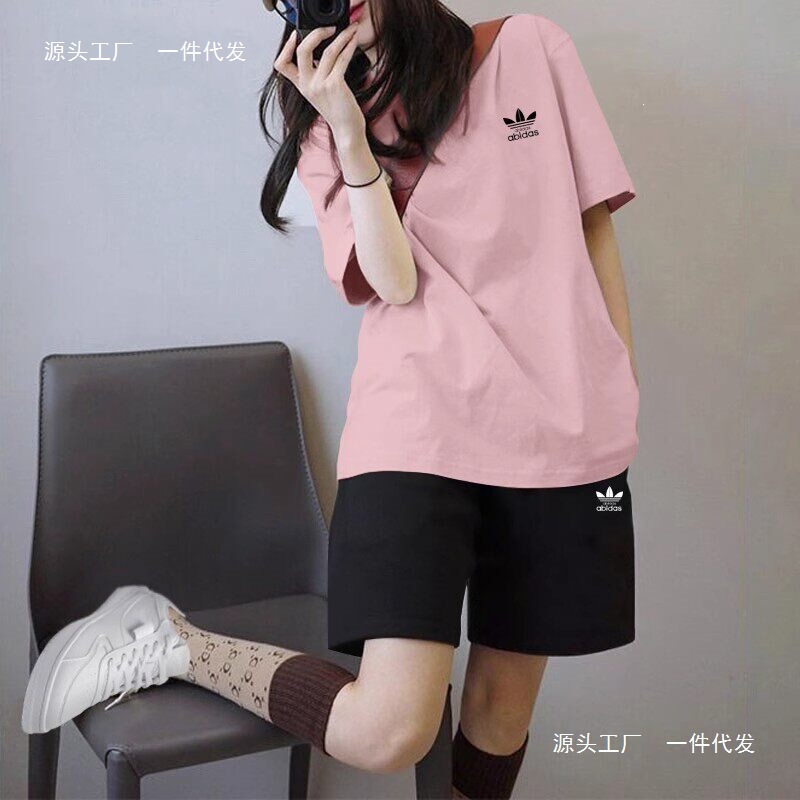 Clover Trendy Brand Sports Suit for Women, Summer Thin Breathable Cotton Round-Neck T-Shirt, Casual Loose Plus-Size Women's Clothing