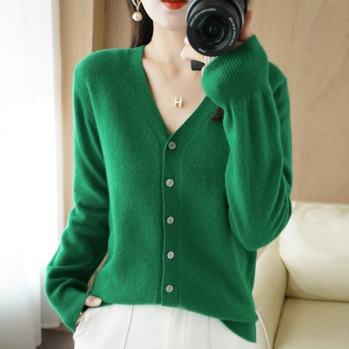 Wool blended new spring and summer women's loose v-neck solid color short knitted cardigan coat sweater air-conditioning shirt