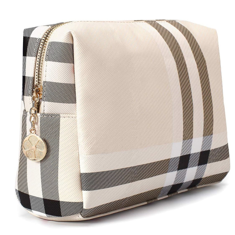 Large Cosmetic Bag Purse Plaid Women Makeup Bag Designer Cosmetic Bag Travel Organizer Beige