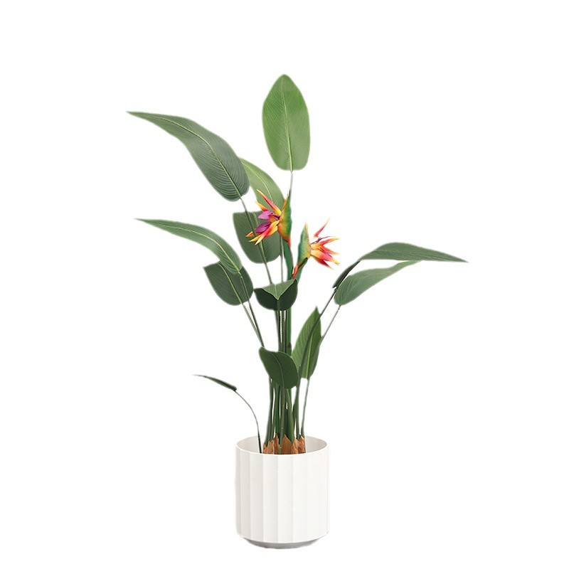 Planta verde de simulación a gran escala, pájaro del paraíso con flores, árbol falso, planta en maceta, sala de estar interior, decoración, paisajismo de plantas biónicas