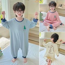 儿童连体睡衣莫代尔长袖夏季薄款男童睡袋中大童宝宝防踢被家居服