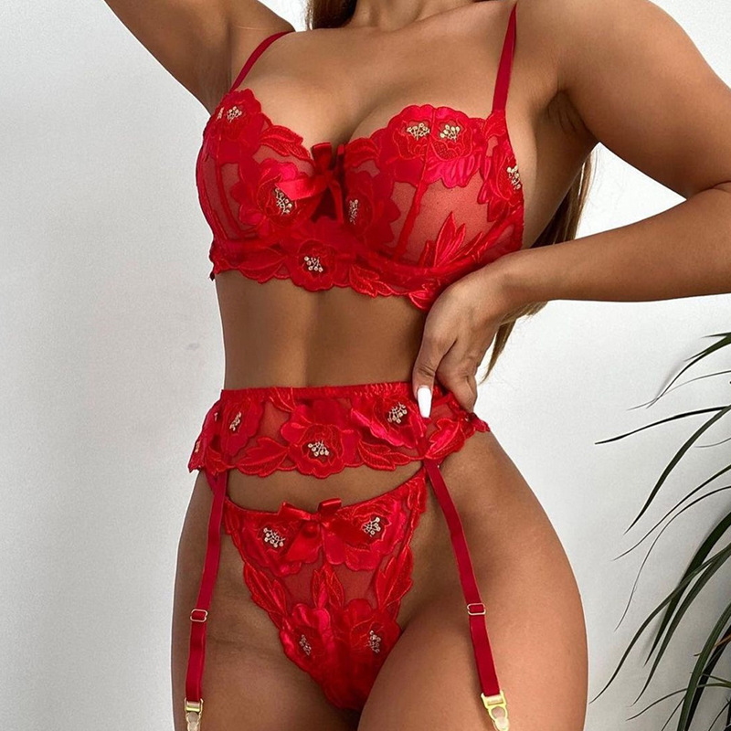 solid color floral embroidery mesh with steel ring gathered underwear three-piece set  NSHLN122142