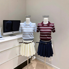 ツートンストライプポロニットトップ/ベルトプリーツスカート