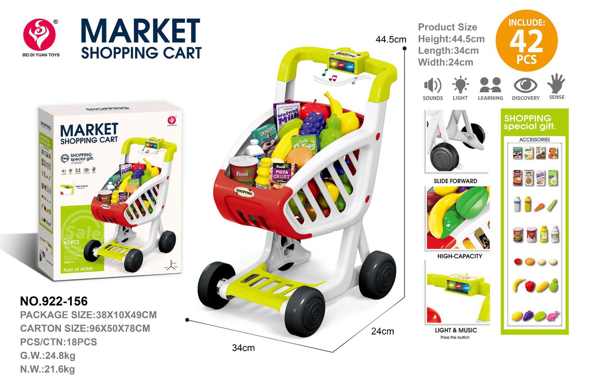 Simulación infantil transfronteriza iluminación de la casa, música, carrito de compras, juegos de supermercado de frutas, carrito de juguetes