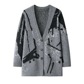 12针双提国风水墨提花山羊绒衫女士立体拉花宽松慵懒渐变潮流毛衣