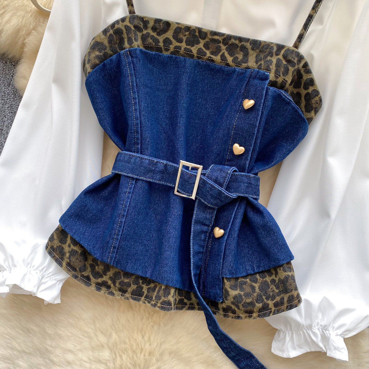 French Retro Women's Leopard Print Two-piece Vest Set With Belt_voghion.com