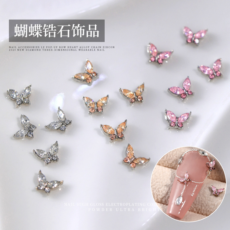 Cross-border Small Butterfly Nail Art Accessories Mini Fingertips Transparent Pink Zircon Horse Eye Alloy Butterfly Nail Art Decoration Drill