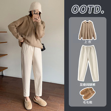 韩国松紧腰毛呢加绒休闲九分裤女2025秋冬新款萝卜小脚哈伦西装裤