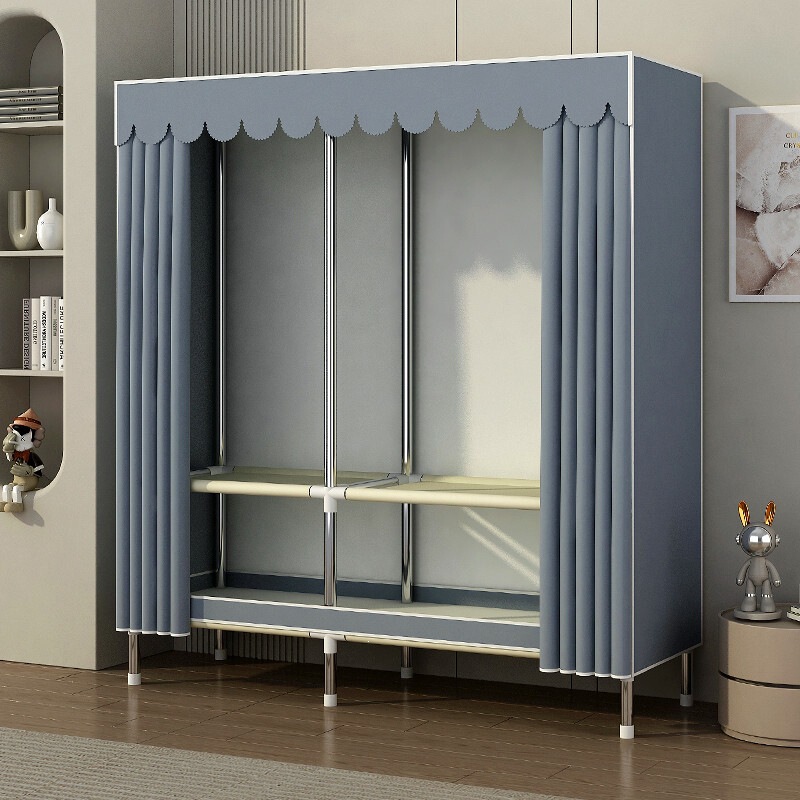 Simple wardrobe for rental bedroom, assembled with reinforced and thickened steel pipes and steel frame, home use, solid color fabric wardrobe Simple wardrobe for rental bedroom, assembled with reinforced and thickened steel pipes and steel frame, home use, solid color fabric wardrobe