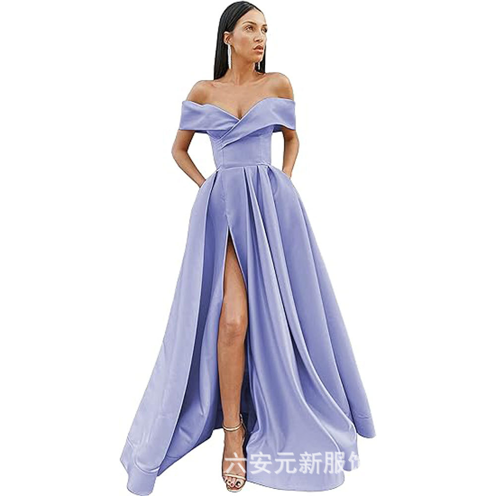 Amazon Comercio exterior fuera del hombro prom vestido de noche largo split sexy Fiesta de las mujeres vestido de banquete