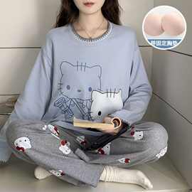 2722Z#春秋季新款睡衣女仿棉长袖带胸垫休闲甜美少女家居服套装