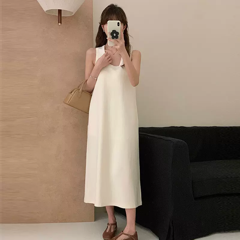 [本初]夏新款白色长款背心连衣裙女设计感方领简约风无袖宽松长裙