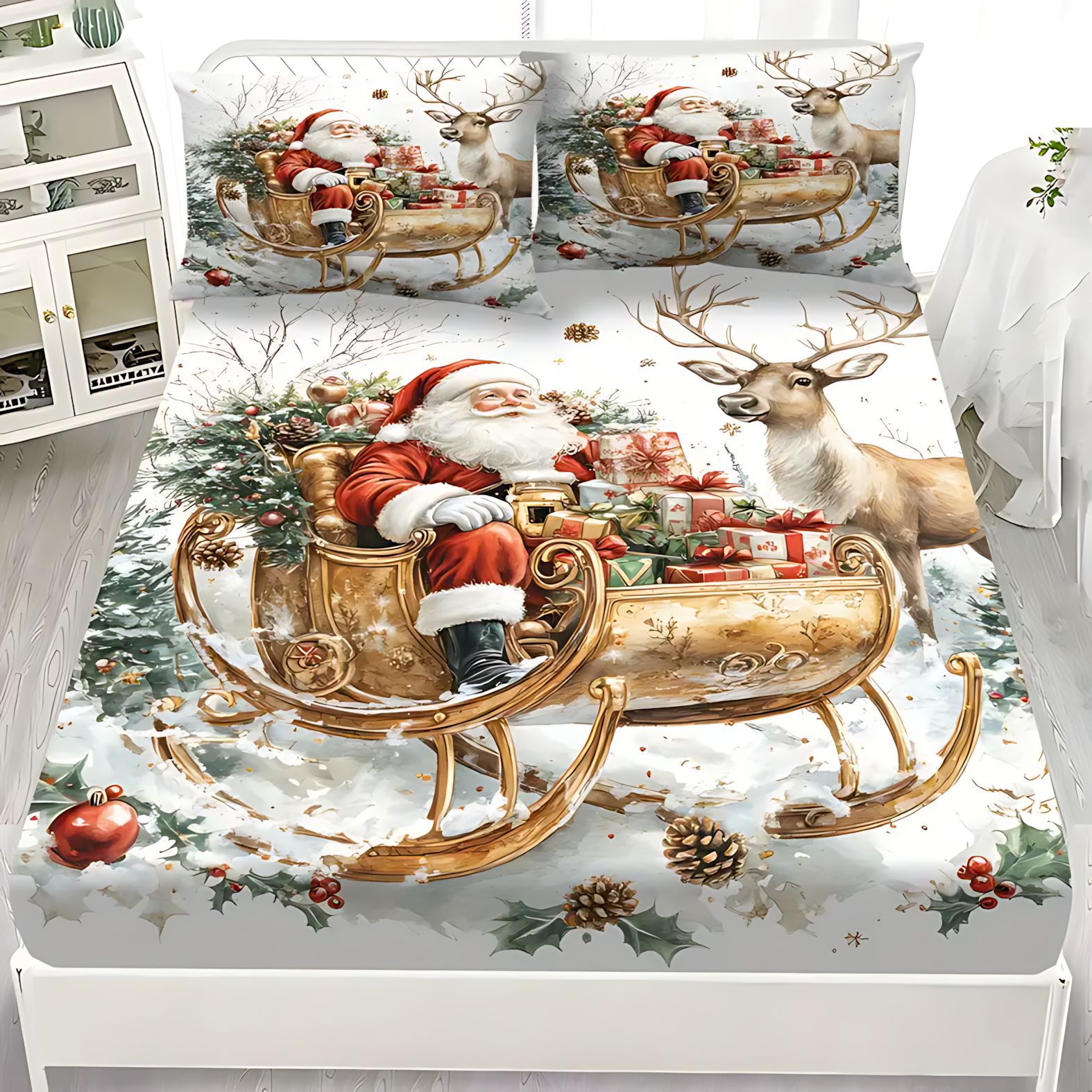 TEMU / JIT patrón clásico de Santa Claus impresión digital 3D kit de cama para diseñar se puede ajustar