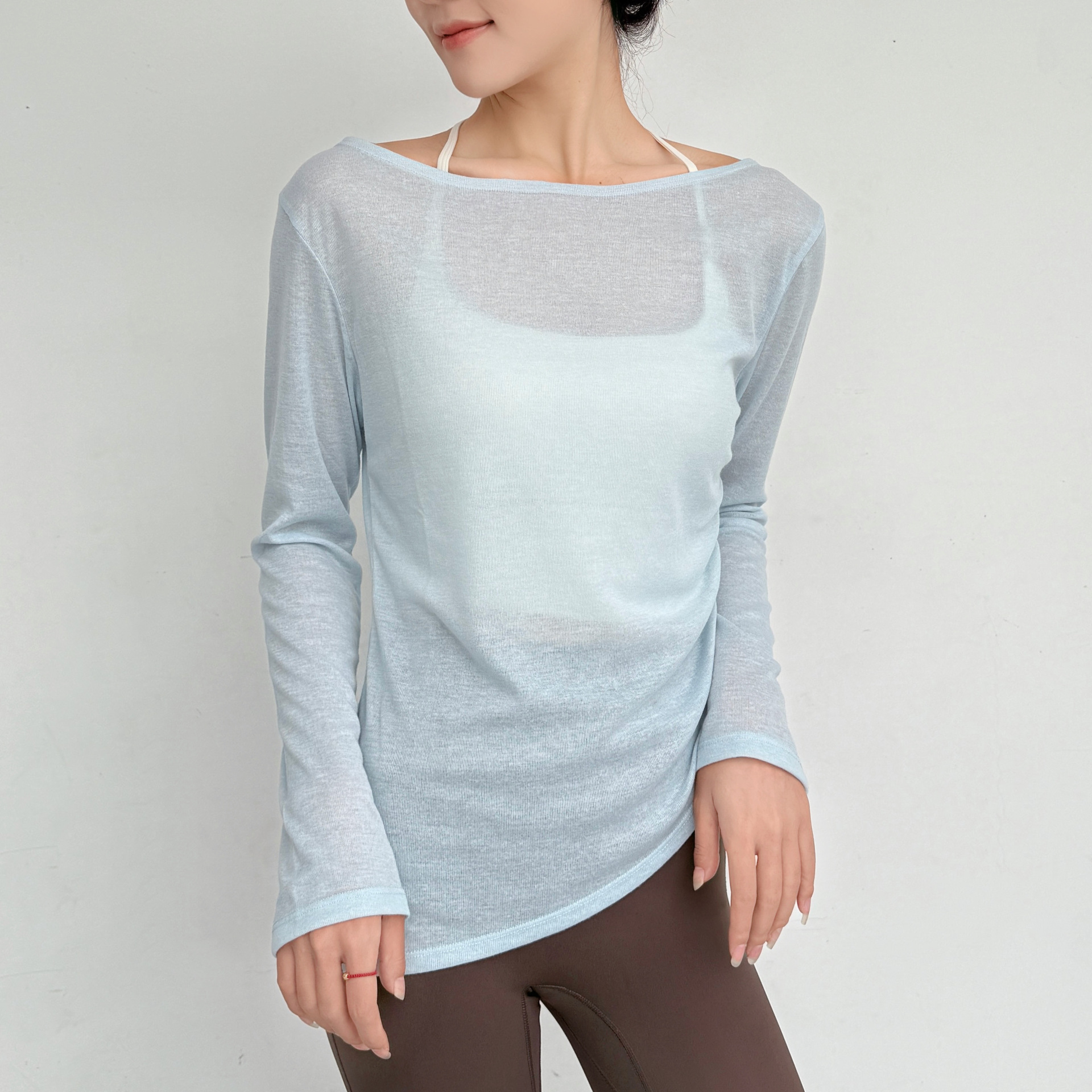 In-Stock Yoga Cover-Up Long-Sleeve Yoga T-Shirt Off-Shoulder Top T-Shirt with Side Ruching Yoga Fitness Wear T-Shirt for Women