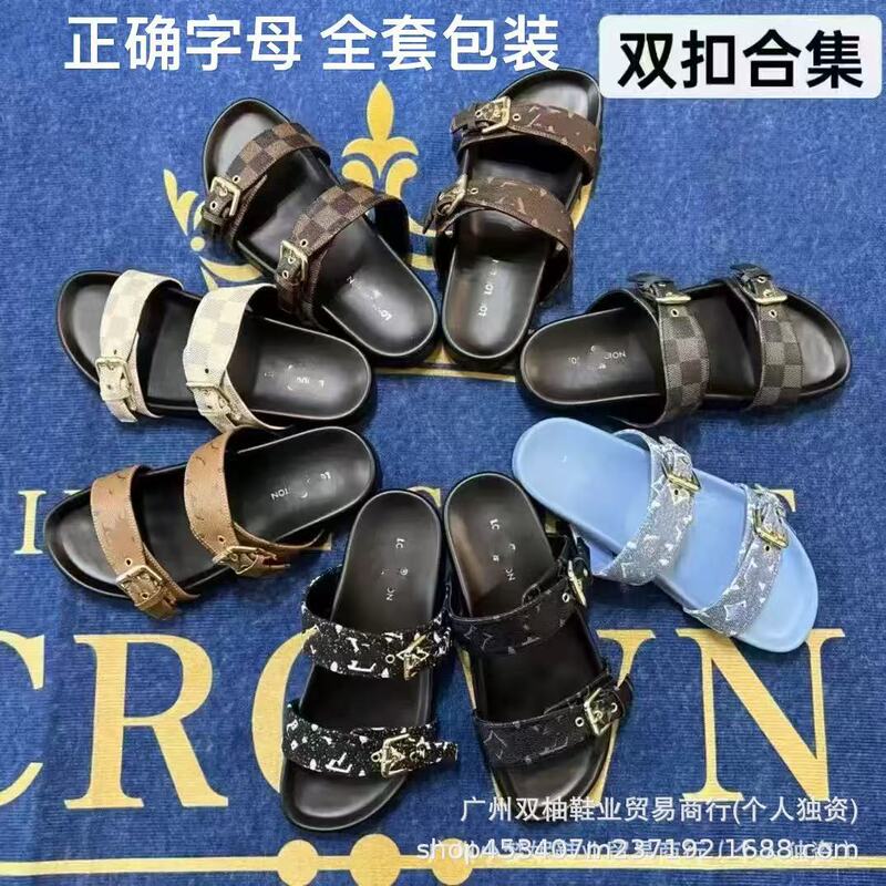 Foreign Trade L Brand Slippers High-End Version Monogram Letter Rubber Metal Buckle Unisex Flat Slippers Wholesale Foreign Trade L Brand Slippers High-End Version Monogram Letter Rubber Metal Buckle Unisex Flat Slippers Wholesale