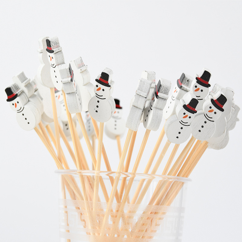 Navidad creativa bambú tiquetas de nieve horquilla de fruta decoración horquilla de fruta bandeja de bambú desechable suministro de tiquetas de vino de moda