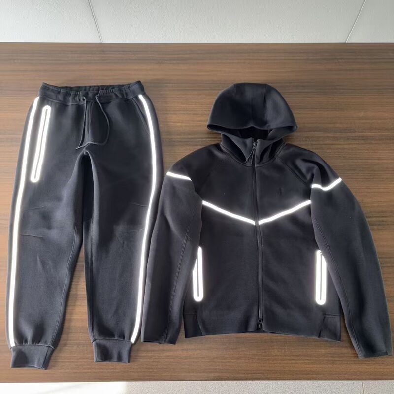 25 years spring and autumn new zipper shirt sports casual hooded jacket trousers air layer cotton reflective adhesive suit men
