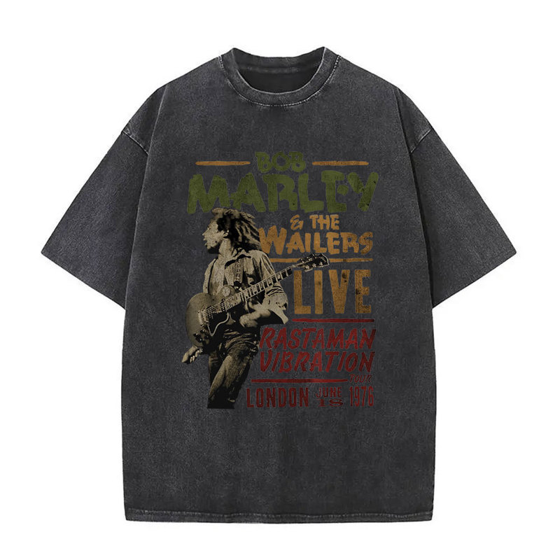 Washed Retro Reggae Founder Bob Marley T-Shirt Men's Oversized Retro Washed Old Bob Marley