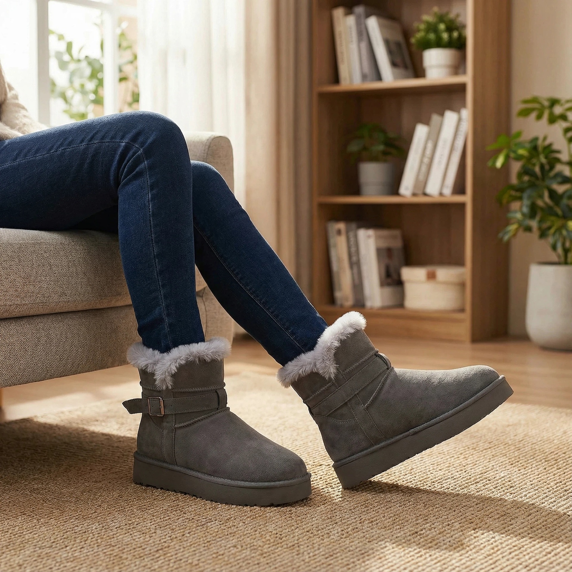 Nuevos zapatos de invierno de mujer botas de nieve de espesor de un pedazo de terciopelo calentador botas de nieve de tubo corto botas de algodón de cinturón casuales image 5