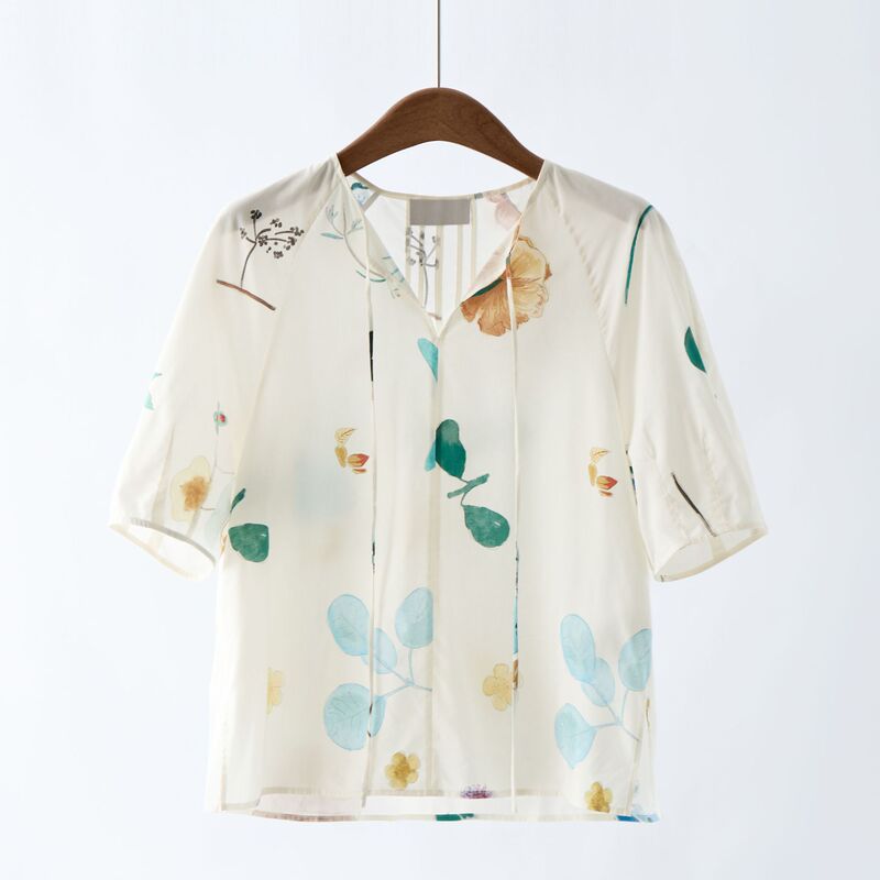 Original Factory Material! Mulberry Silk + Cotton! Holiday Style Watercolor Printed Lace-Up Shirt 25 Years New Summer Product