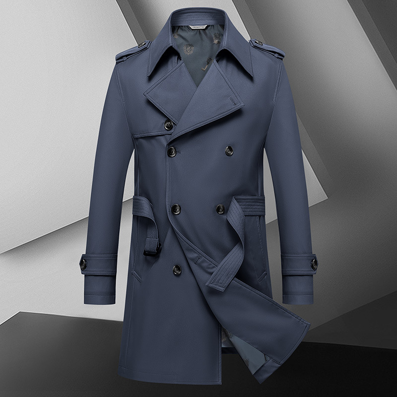 Men's Quality Haze Blue Men's Coat Double Breasted Belt Spring and Autumn Mid Length Coat_voghion.com