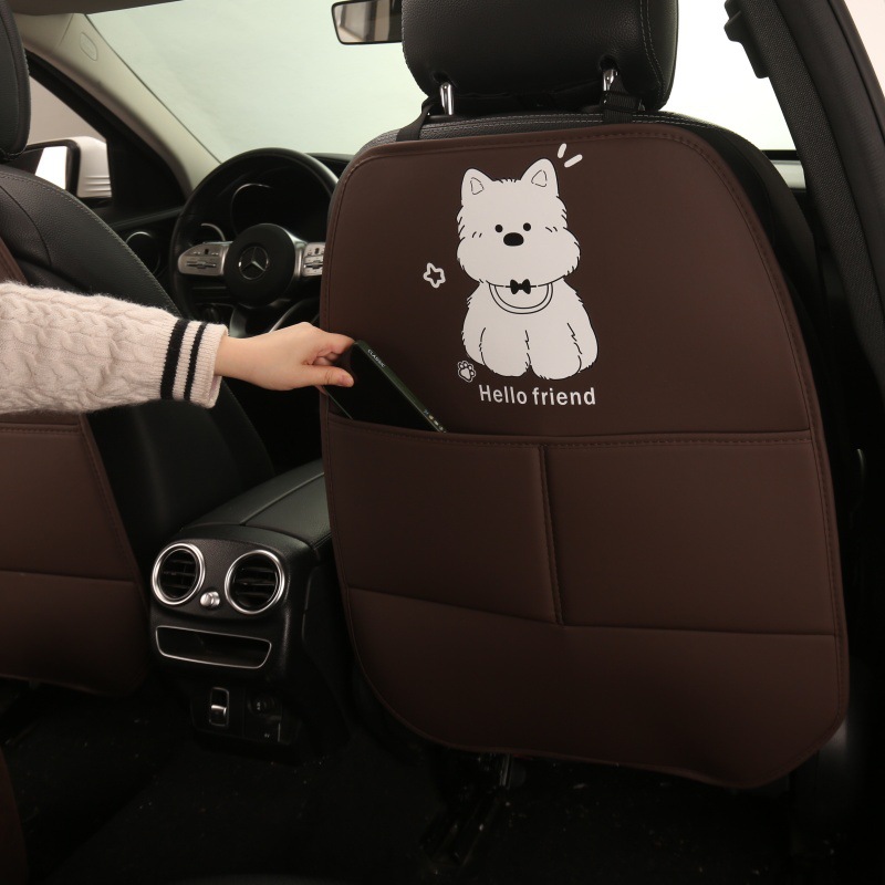 Cute Puppy Cartoon Car Seat Back Anti-Kick Pad for Women, Car Seat Back Anti-Dirt Pad with Storage Pocket