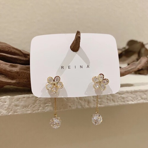 Korea Dongdaemun S925 silver needle micro-paved zircon flower earrings detachable two-wear chain crystal ball crystal flower
