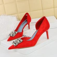 6168-AK58 Banquet Women's Shoes High Heels Hand Grip Wrinkled Fabric Surface Shallow Mouth Pointed Side Hollow Water Diamond Buckle Single Shoes