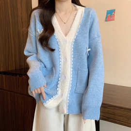 大码浅蓝色加厚V领中长款毛衣外套女秋冬胖mm慵懒风针织开衫上衣