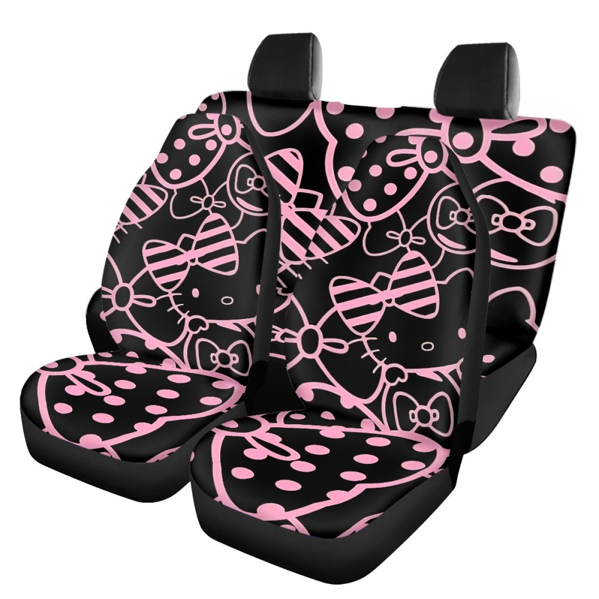Custom-made car seat covers for independent online stores, featuring a coffee-colored leopard print and a Kitty cat design, to protect both the front and rear seats