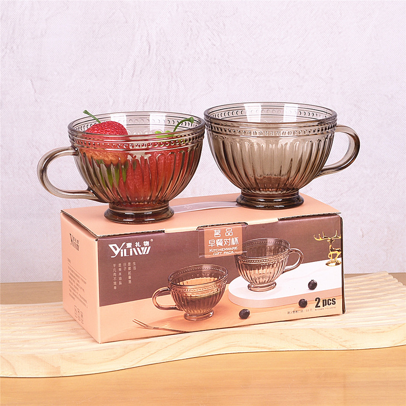 Vintage Light Luxury Glass Cup Two-Piece Home Breakfast Milk Cup Embossed Glass Water Cup Event Gift Wholesale Vintage Light Luxury Glass Cup Two-Piece Home Breakfast Milk Cup Embossed Glass Water Cup Event Gift Wholesale