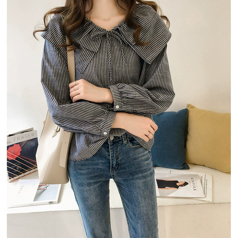 Женская новая рубашка в полоску с воротником для куклы в Корейском стиле, женский свободный топ в гонконгском стиле, рубашка с длинным рукавом