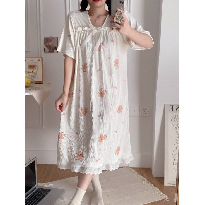 2024 pijamas de verano de encaje de algodón pijamas de cascada dibujos animados de manga corta ropa para el hogar media y larga adorable dulce al por mayor