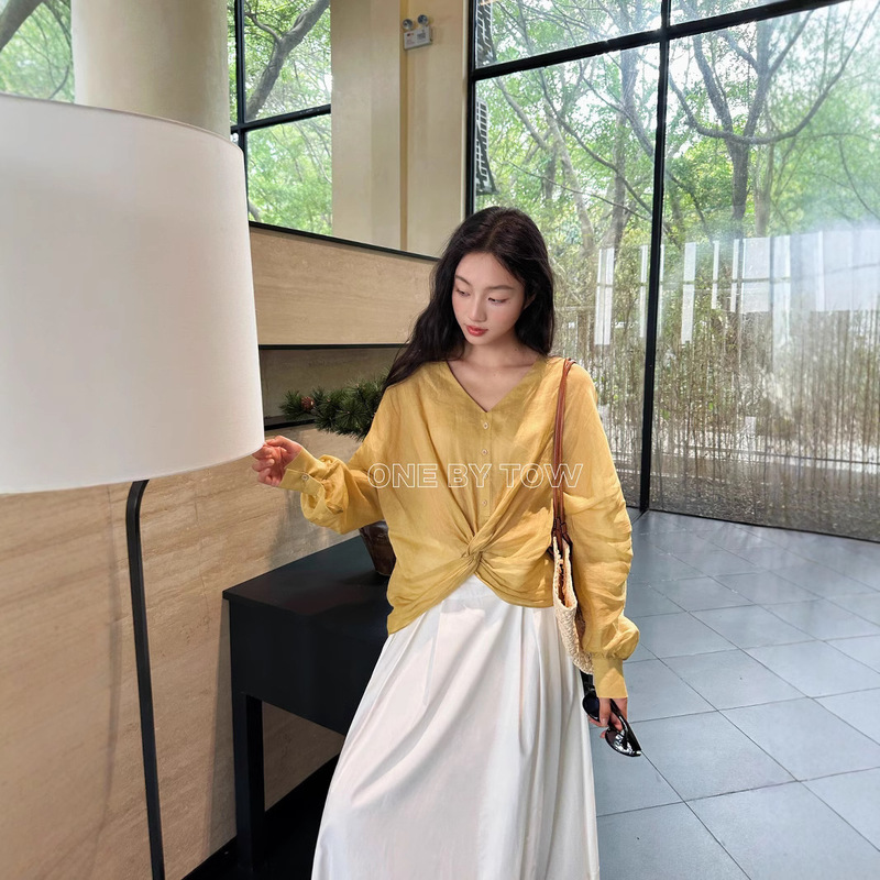 Ramie Solid Color Shirt for Women 2025 Chinese Style Zen V-Neck Top Loose Thin Breathable Long-Sleeve Japanese and Korean Casual Wear