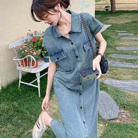 薄款牛仔衬衫连衣裙女夏季高级感气质宽松显瘦韩系质休闲直筒长裙