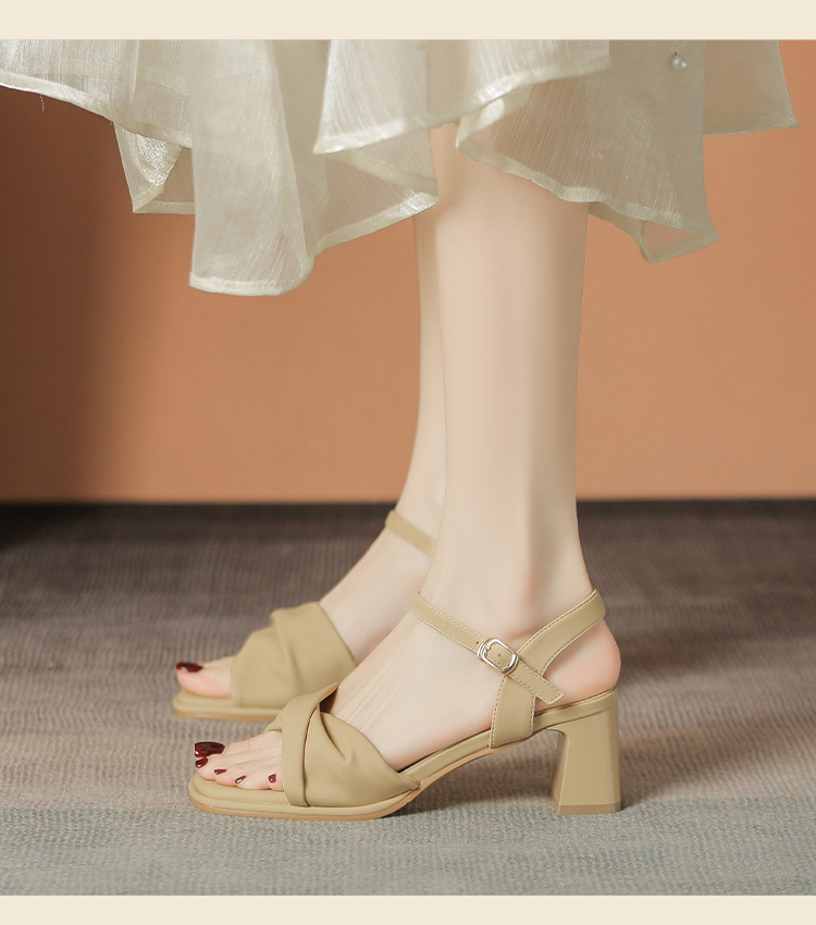 Sandal cao gót nữ quai ngang mũi vuông gót vuông kiểu Pháp — BL376 màu be chi tiết 16