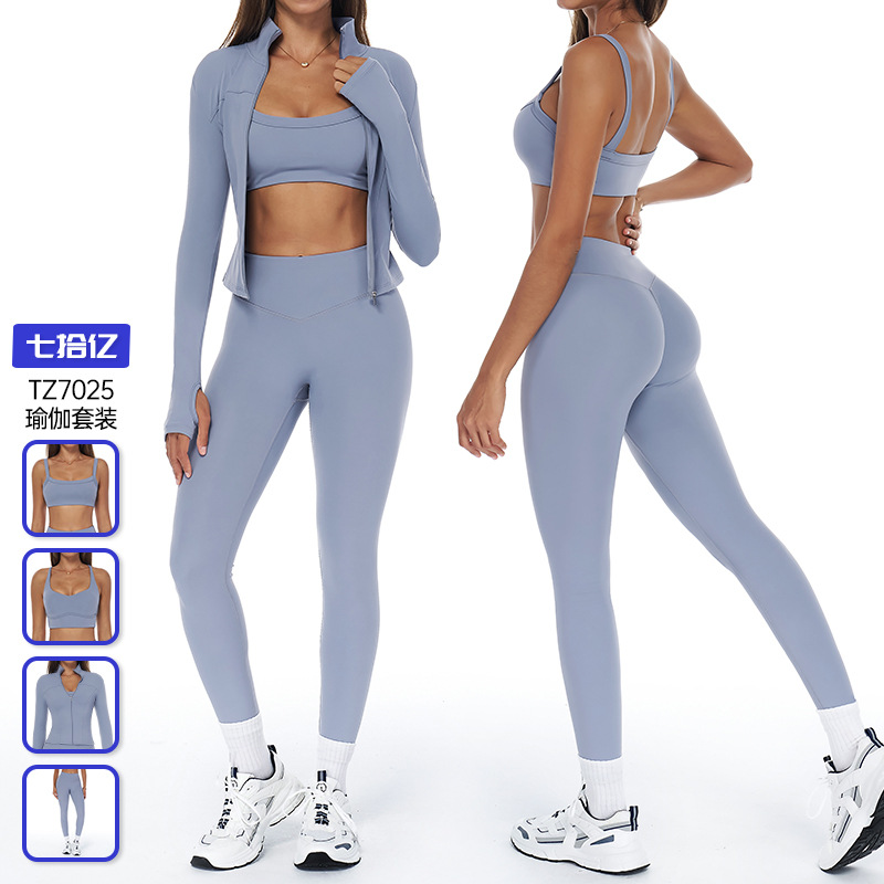 跨境秋冬季磨毛瑜伽套装女高腰提臀长裤跑步健身瑜伽服套装7025
