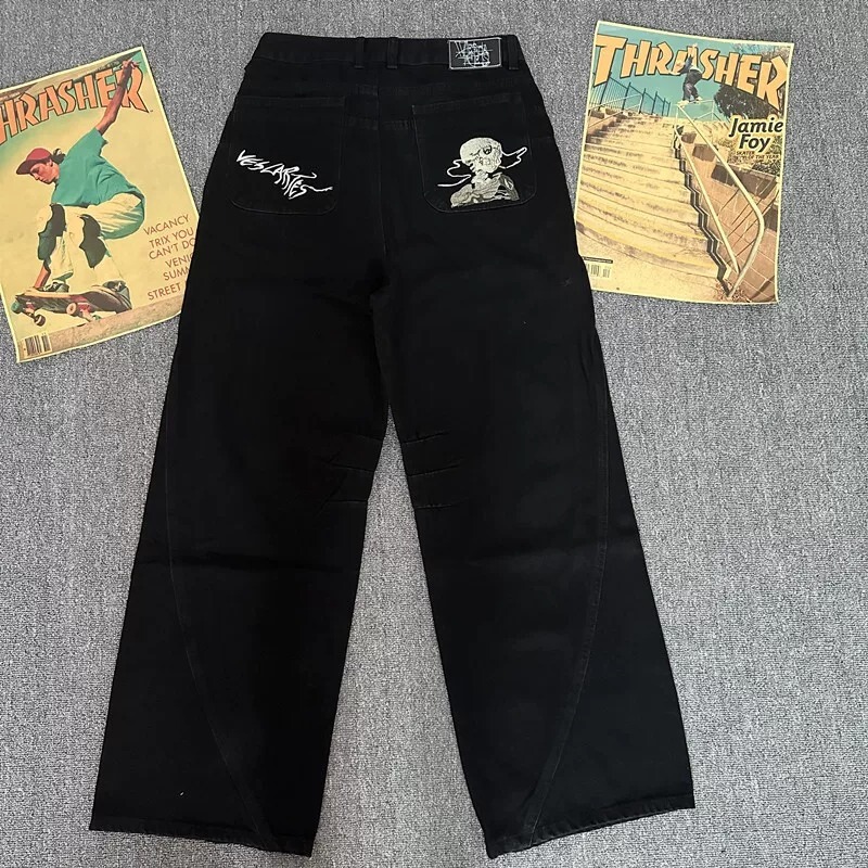Thriller-Style Heavy-Duty Skull Smoke Embroidery Jeans for Men, Baggy High Street Wide-Leg Design Patchwork Pants