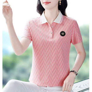 2025 New Summer Style Fashionable and Versatile Short-Sleeved T-Shirt for Middle-Aged Mothers, Loose Slimming Look Lapel Top