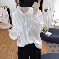 长袖棉麻衬衫女2025春秋纯色复古宽松小个子百搭显瘦衬衣打底外穿