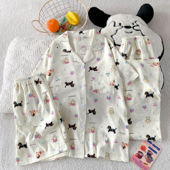 Volumen de carrera transfronterizo verano nuevo pijama amor de las mujeres pantalones cortos largos de manga corta traje de tres piezas de algodón nube ropa de hogar se puede usar afuera