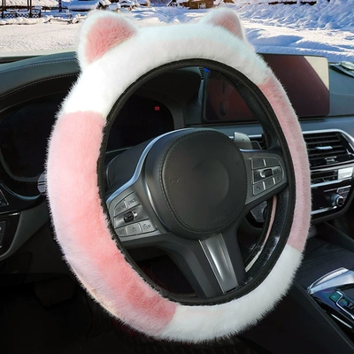 Cross-border explosions car steering wheel cover winter plush cat ears car handle cover high-grade texture car accessories wholesale (Steering wheel cover) - white-pink-38cm